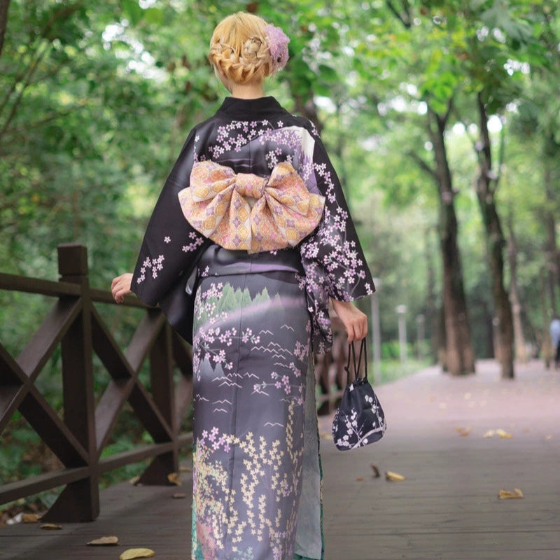 Purple Orchid Sakura Yukata & Obi Belt Set Back