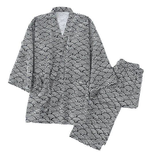 Black and white patterned pajama set on a white background