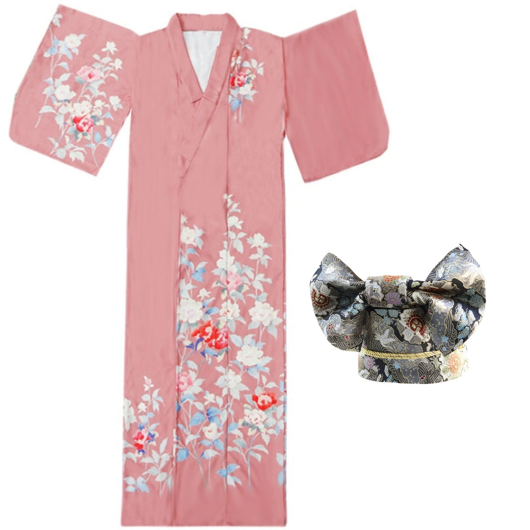 Women Pink Blossom Yukata and Obi Belt Set