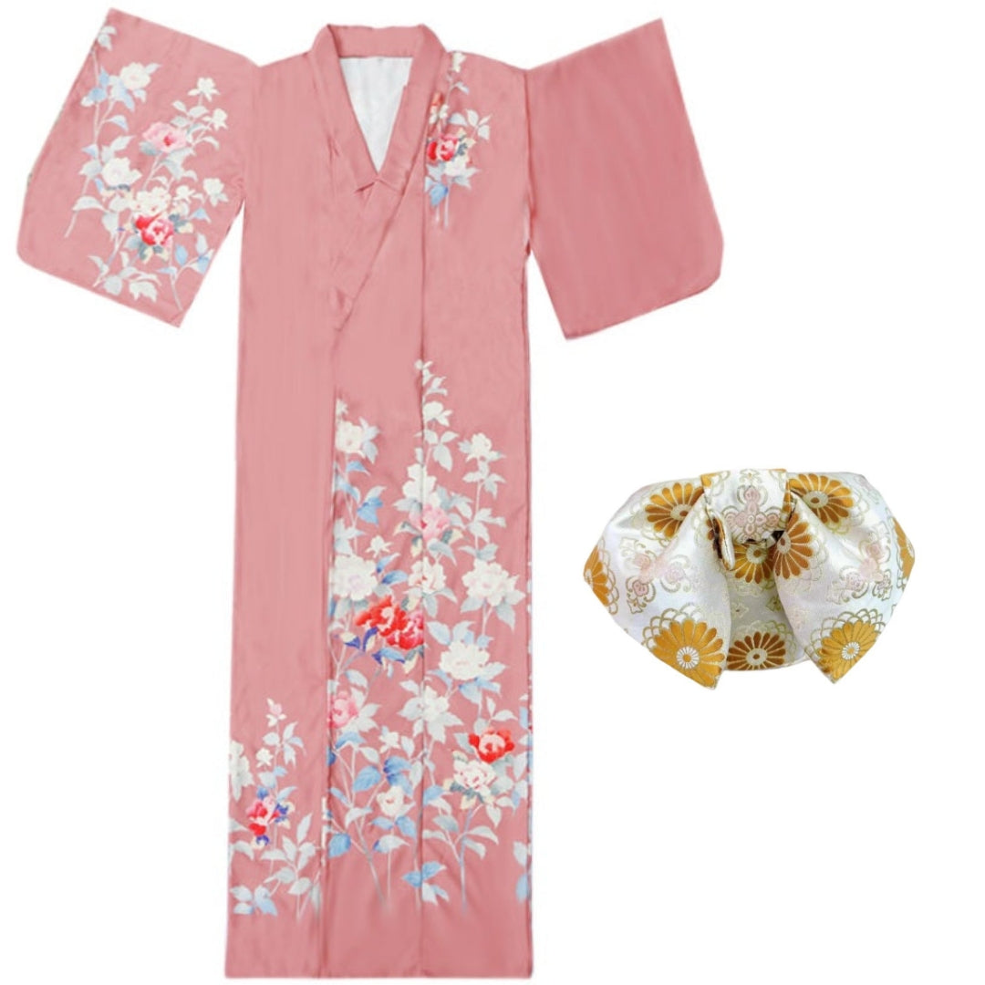 Women Pink Blossom Yukata and Obi Belt Set