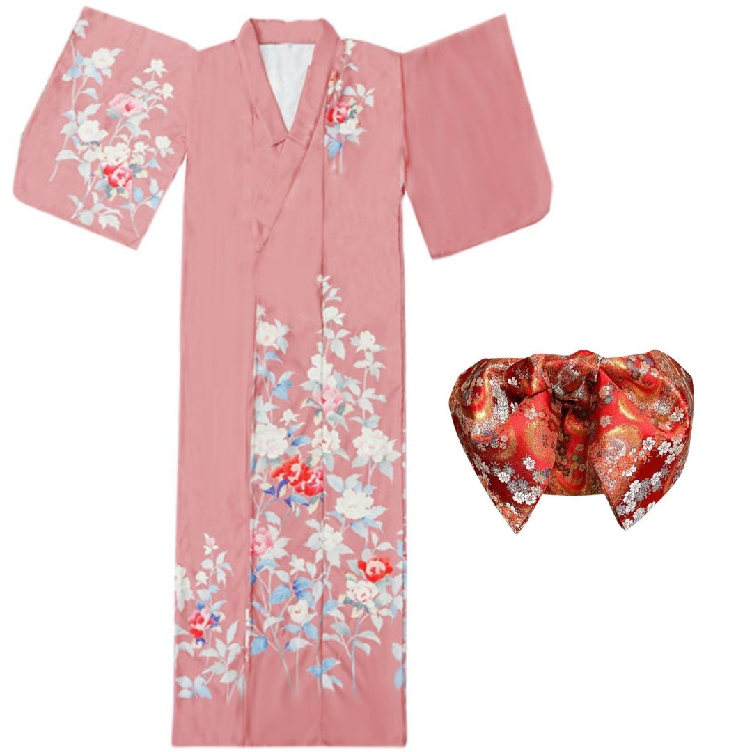 Women Pink Blossom Yukata and Obi Belt Set