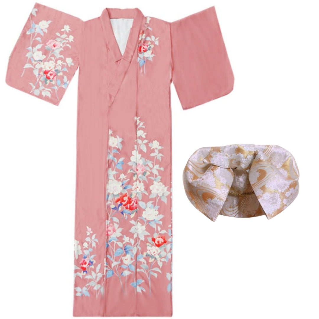 Women Pink Blossom Yukata and Obi Belt Set