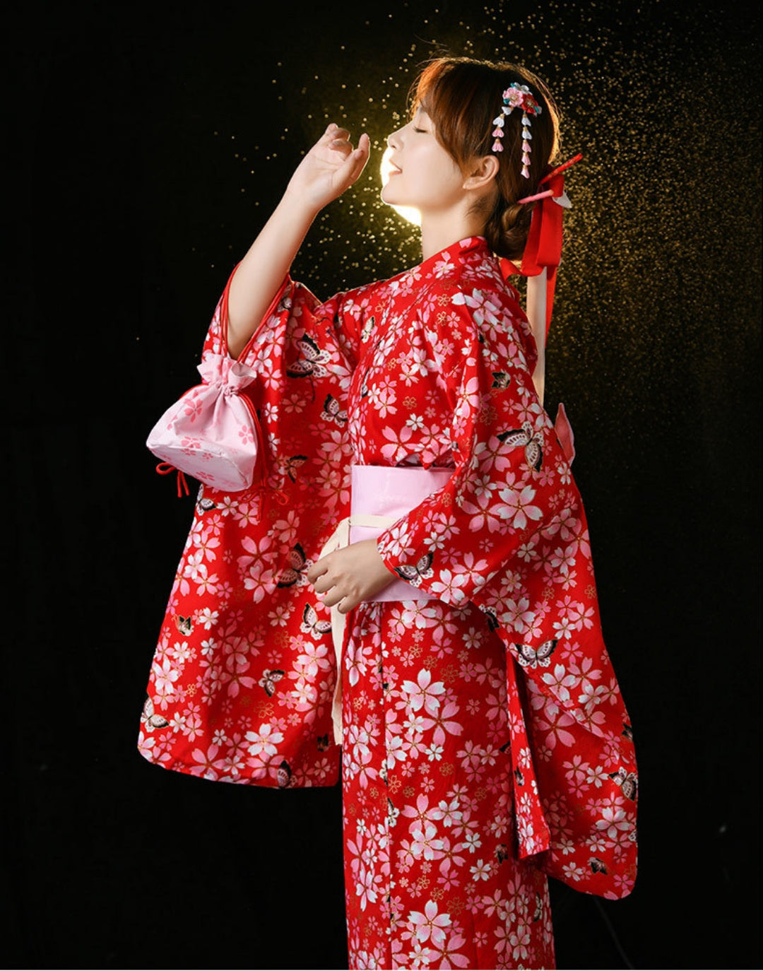 Women Classic Black Yukata and Obi Belt Set | Japanese