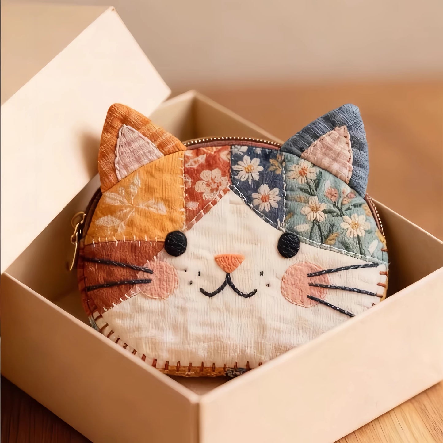 Cat-shaped coin purse with floral patterns in a box