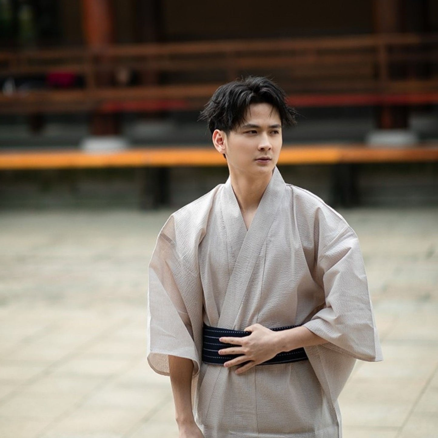 Men Beige Yukata and Obi Belt Set