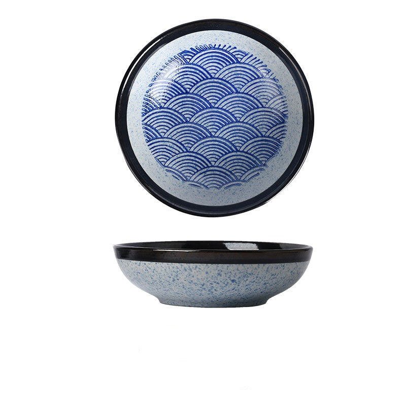 Seigaiha Ceramic Salad Mixing Bowls | Blue Wave Motif Tableware