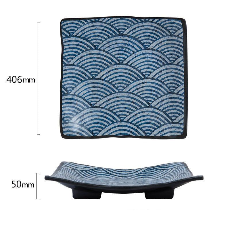 Seigaiha Ceramic Square Footed Plate 16"