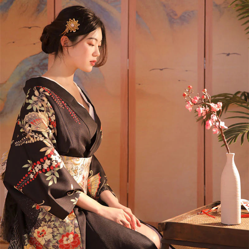 Women Butterfly & Blossom Yukata Robe and Obi Belt Set