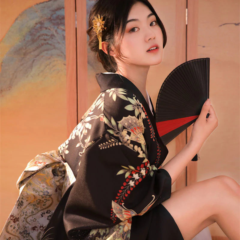 Women Butterfly & Blossom Yukata Robe and Obi Belt Set