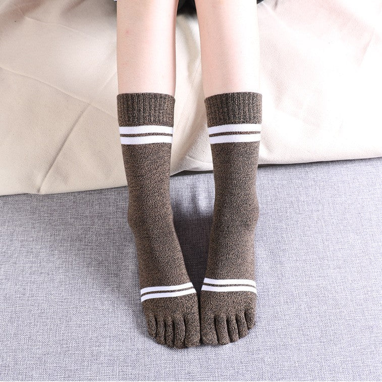 Brown Women Striped Crew Toe Socks