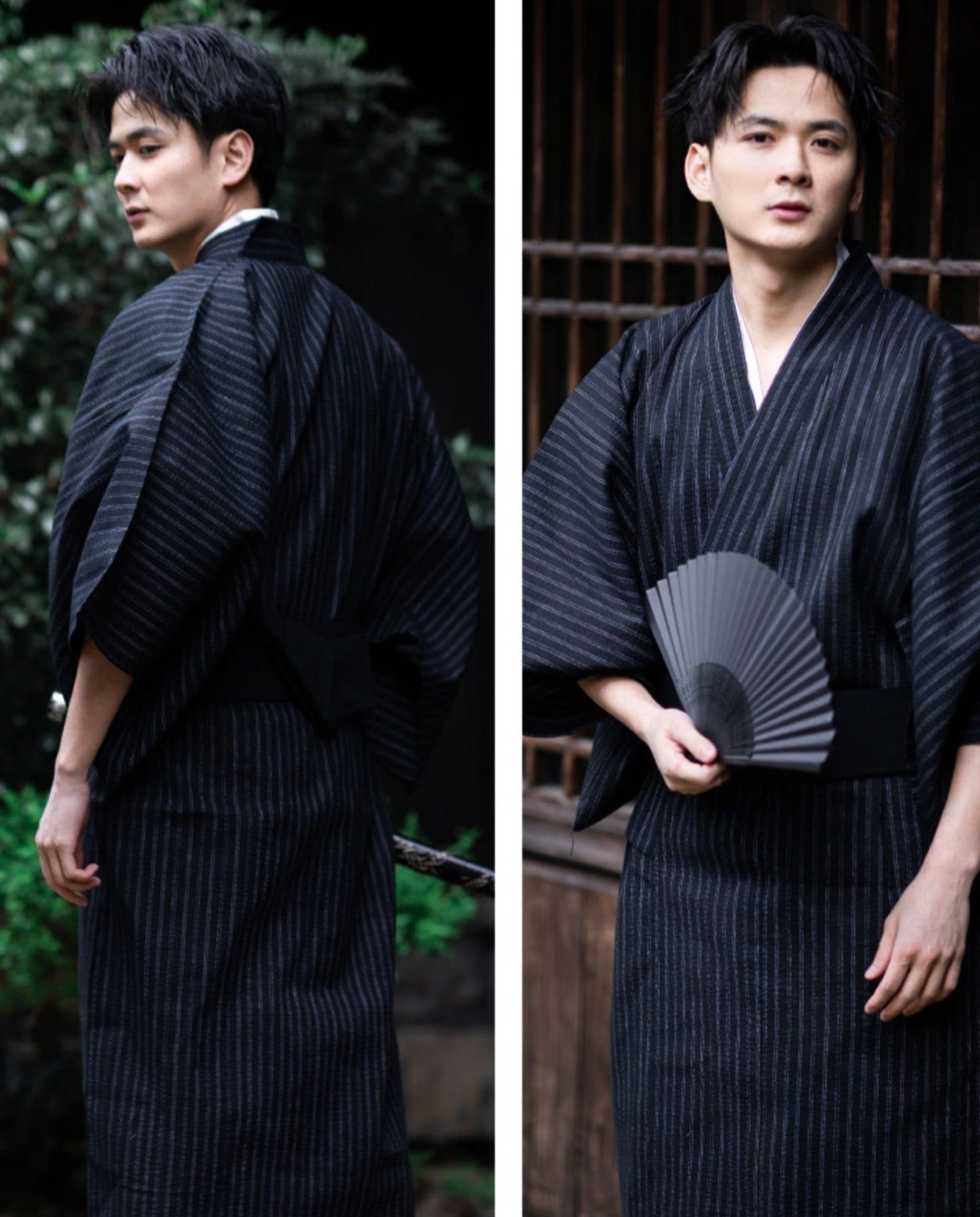 Men Stripe Pattern Kimono Bathrobe