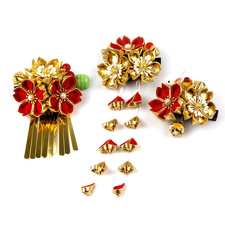 Golden Sakura Hair Pin, Japanese Traditional Tsumami Kanzashi Hair Accessory