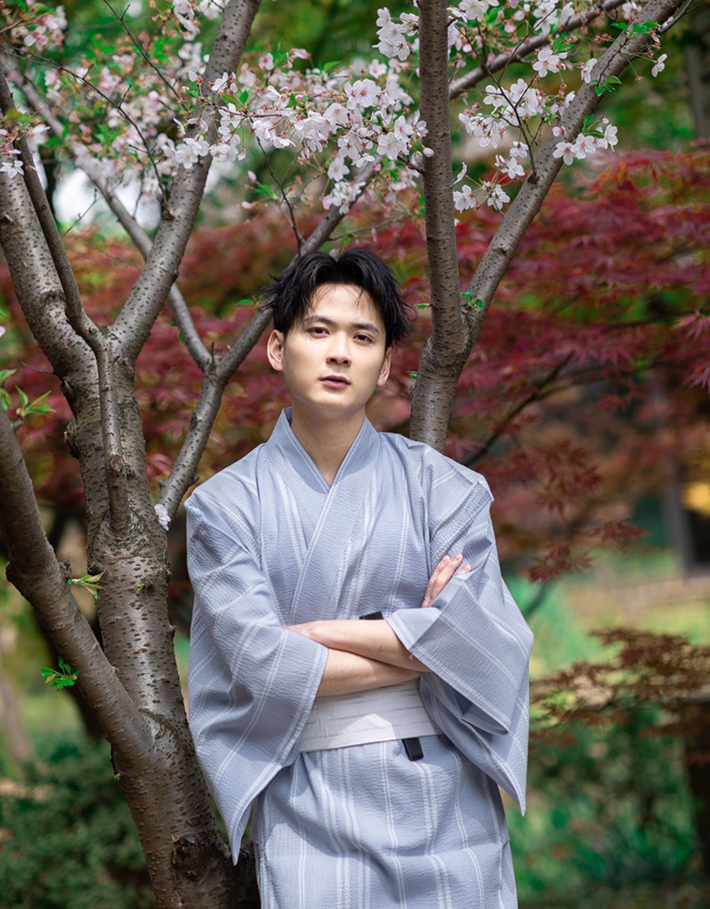 Men Grey Striped Kimono Robe