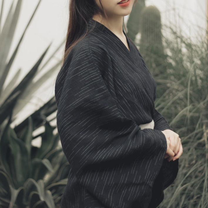 Women Classic Black Yukata and Obi Belt Set