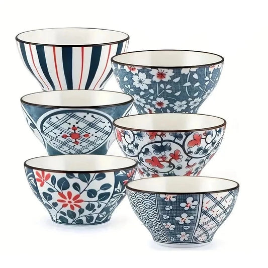 Japanese Floral Rice Bowl Set of 6