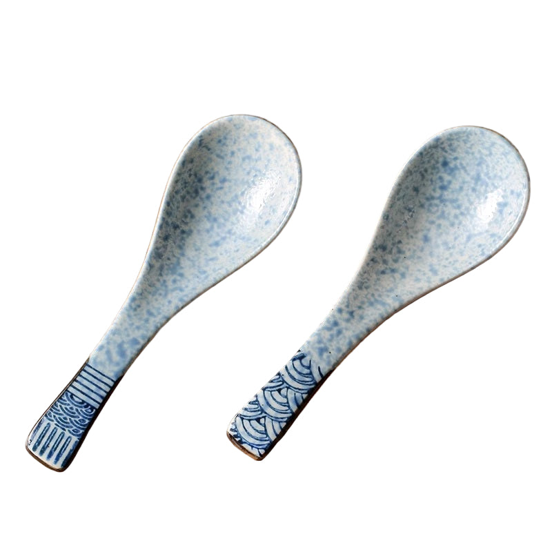 Two blue ceramic spoons with a Japanese pattern 