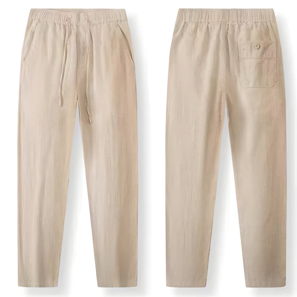 A pair of light beige drawstring pants shown from both the front and back. The front view shows side pockets and a drawstring waist, while the back view shows a back pocket with a button closure.