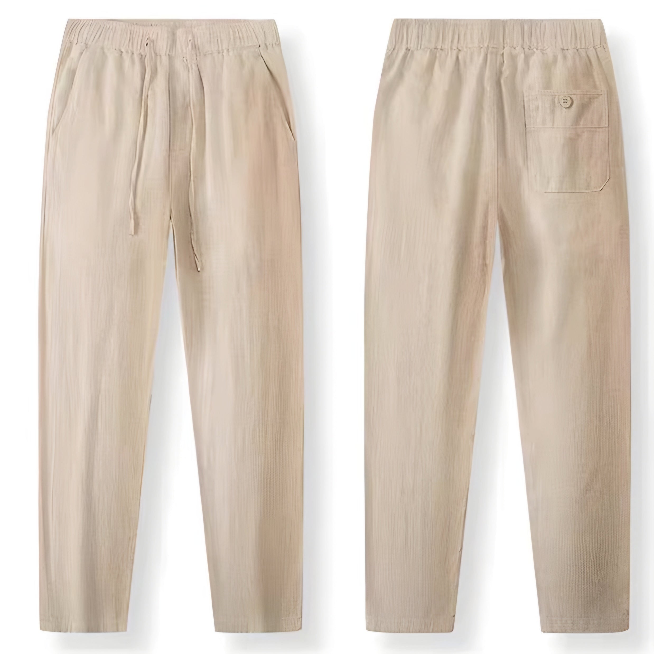 A pair of light beige drawstring pants shown from both the front and back. The front view shows side pockets and a drawstring waist, while the back view shows a back pocket with a button closure.