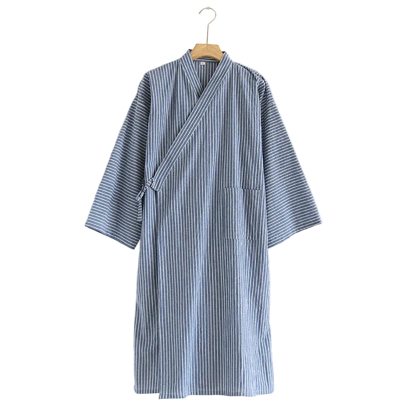 Blue and white striped robe on a hanger against a white background
