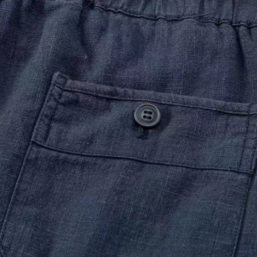 Close-up of dark indigo denim fabric showing a side pocket with a dark button closure.