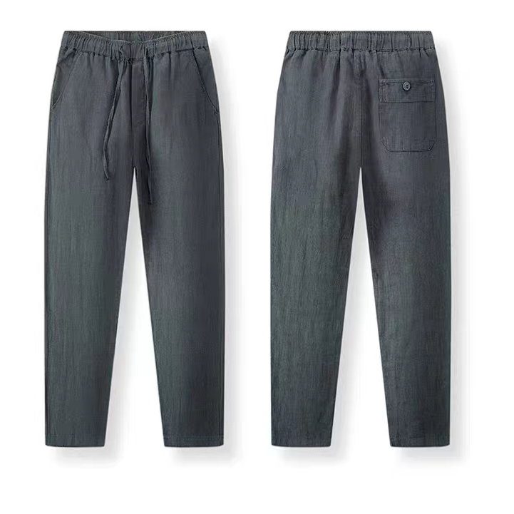 Dark gray drawstring pants shown from both the front and back views on a clean white background.