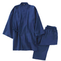 Blue kimono-style robe and pants set on a white background