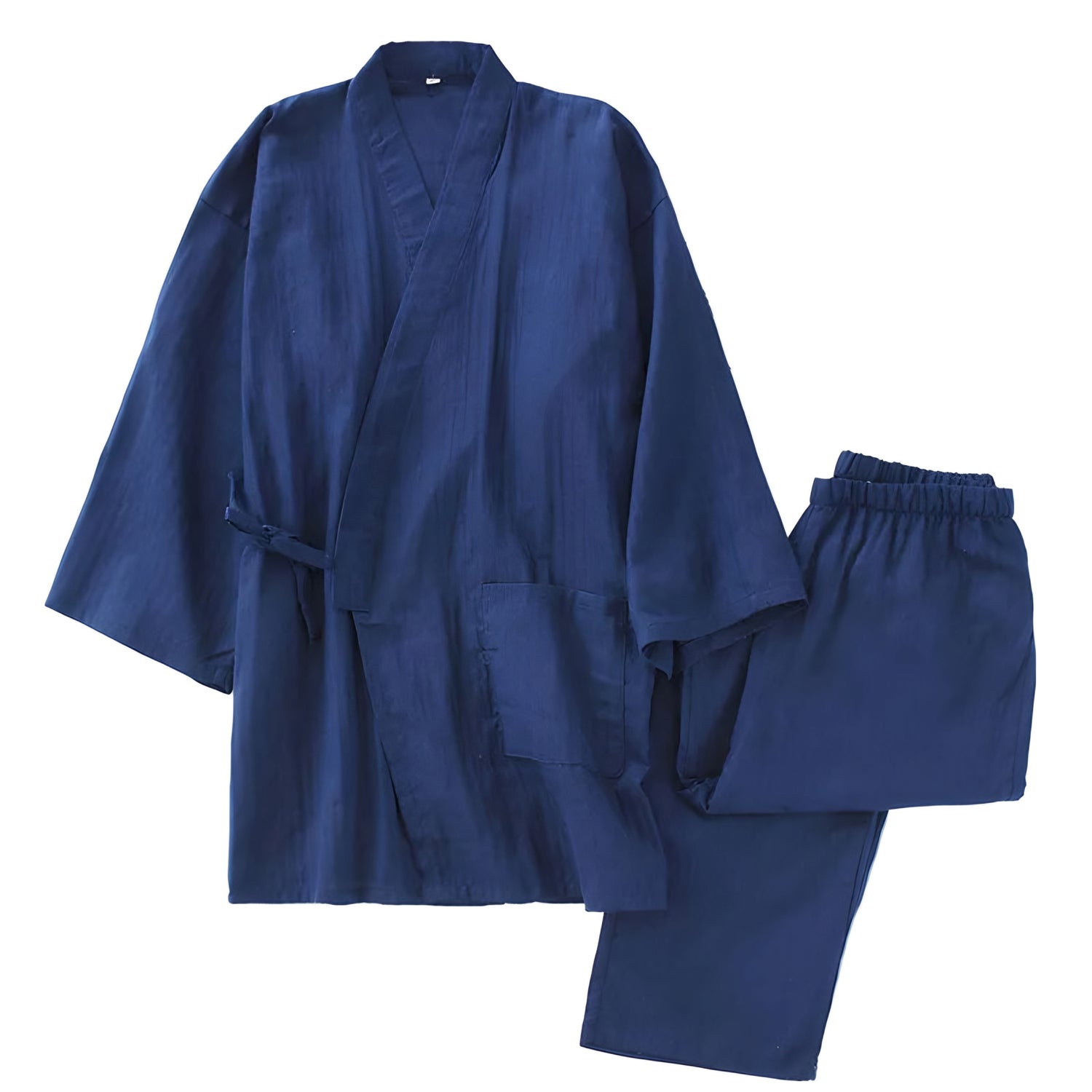 Blue kimono-style robe and pants set on a white background
