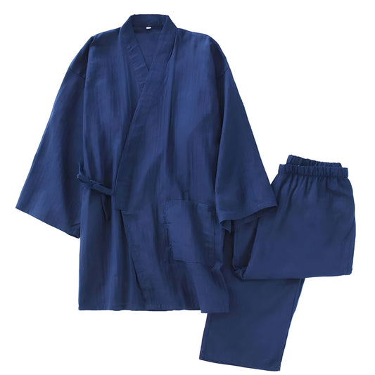 Blue kimono-style robe and pants set on a white background