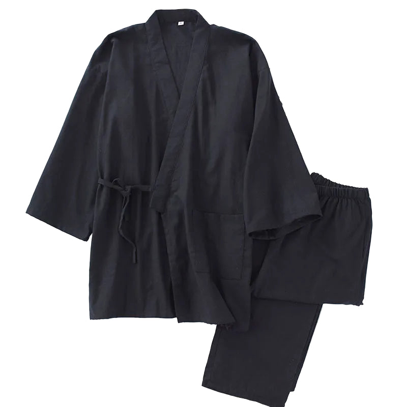 Black kimono-style robe and pants set on a white background