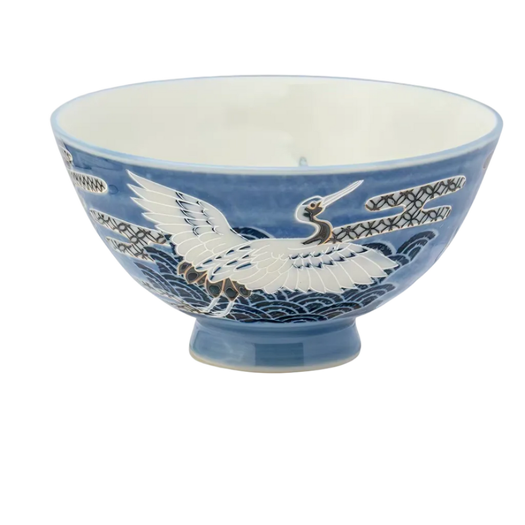 Blue and white ceramic bowl with a crane design, shown on a white background with Chinese text and a small inset of the inside pattern. The bowl has a footed base and a blue rim.