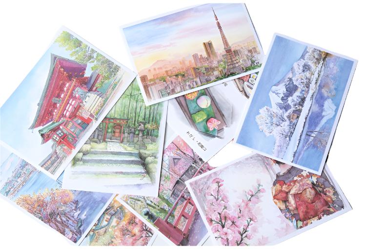 Japanese Watercolor Postcards Set
