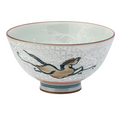 A ceramic bowl with a white glaze, featuring hand-painted black and brown horse motifs over a subtle geometric pattern. The image includes a text overlay with dimensions and a small inset showing the inside of the bowl.