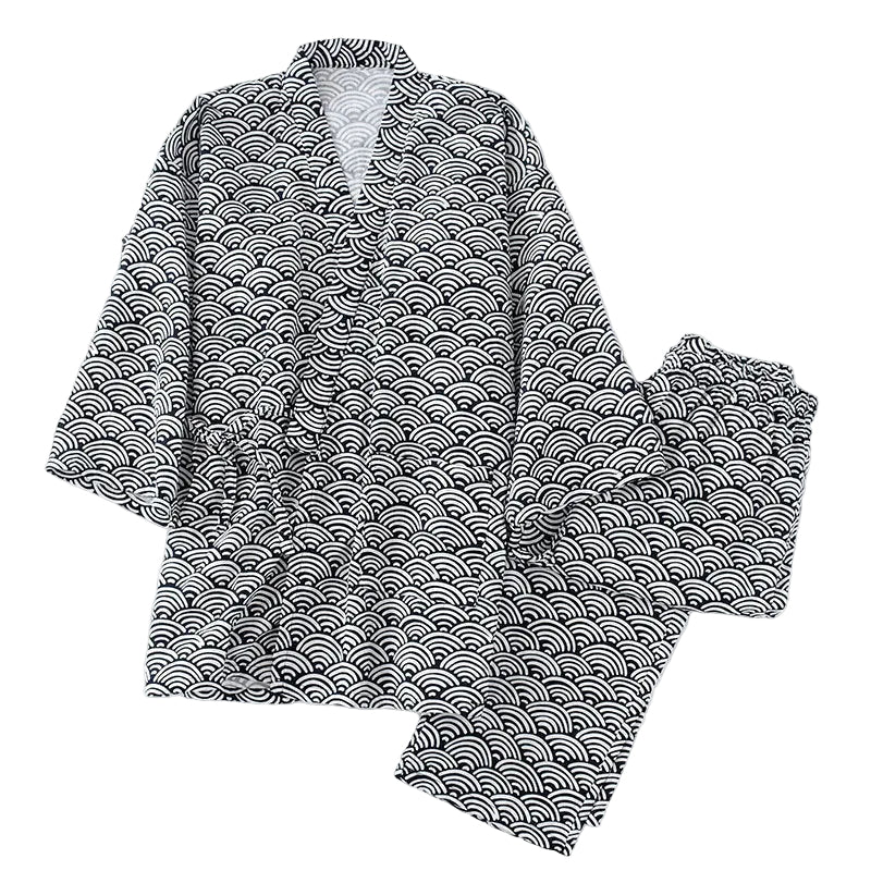 Black and white patterned pajama set on a white background