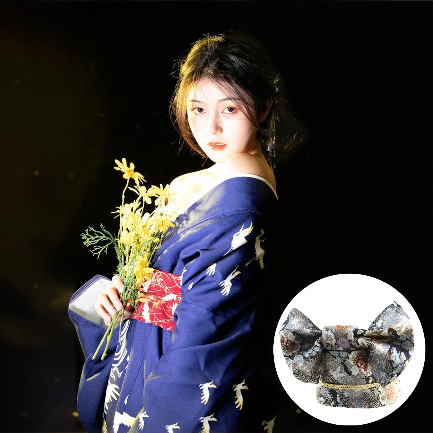 Women Crane & Wave Yukata and Black Obi Belt Set