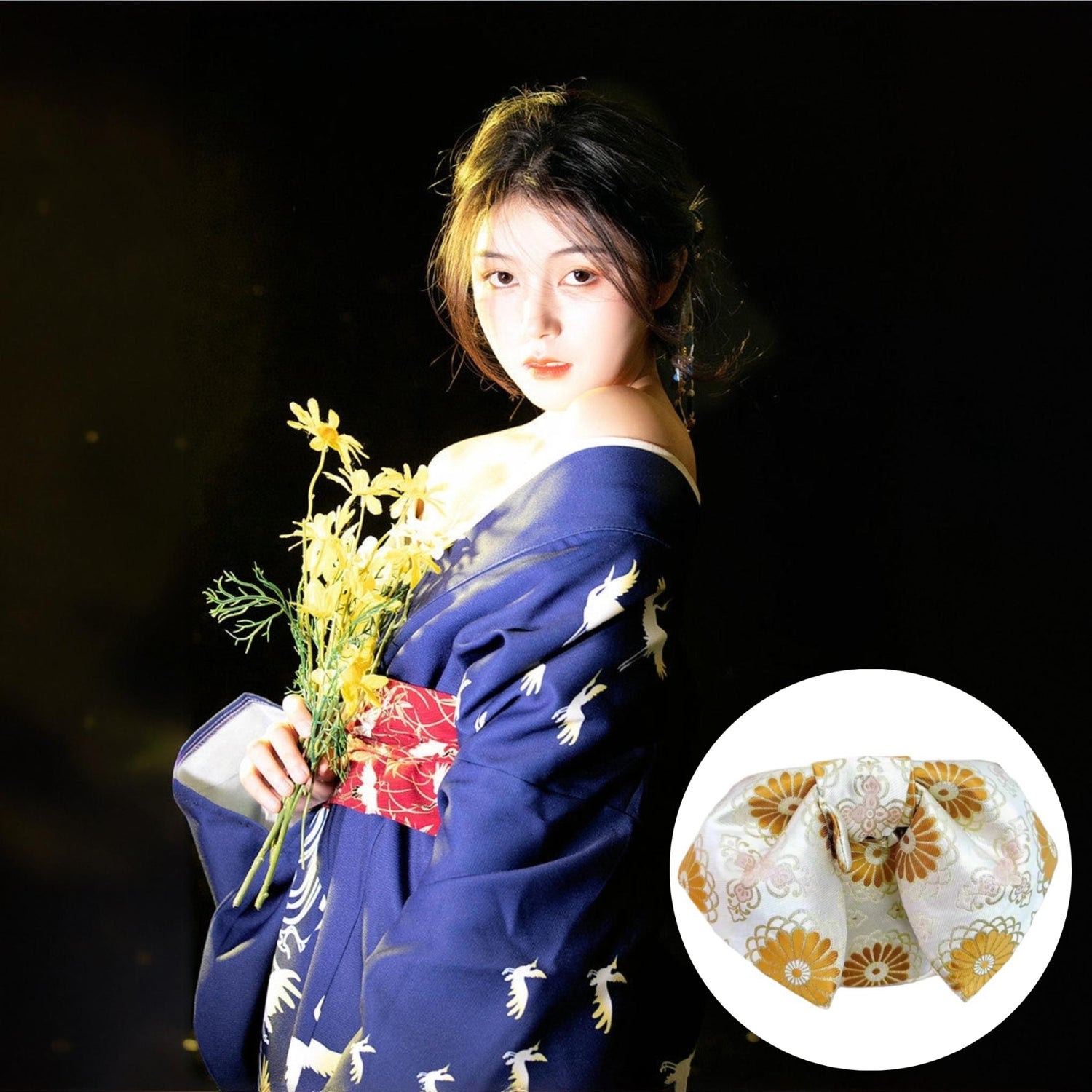 Women Crane & Wave Yukata and Kiku Obi Belt Set