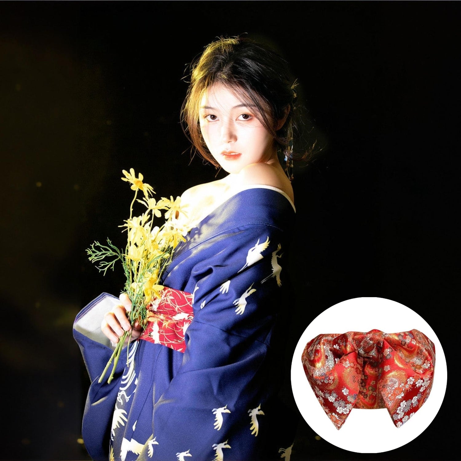 Women Crane & Wave Yukata and Red Obi Belt Set