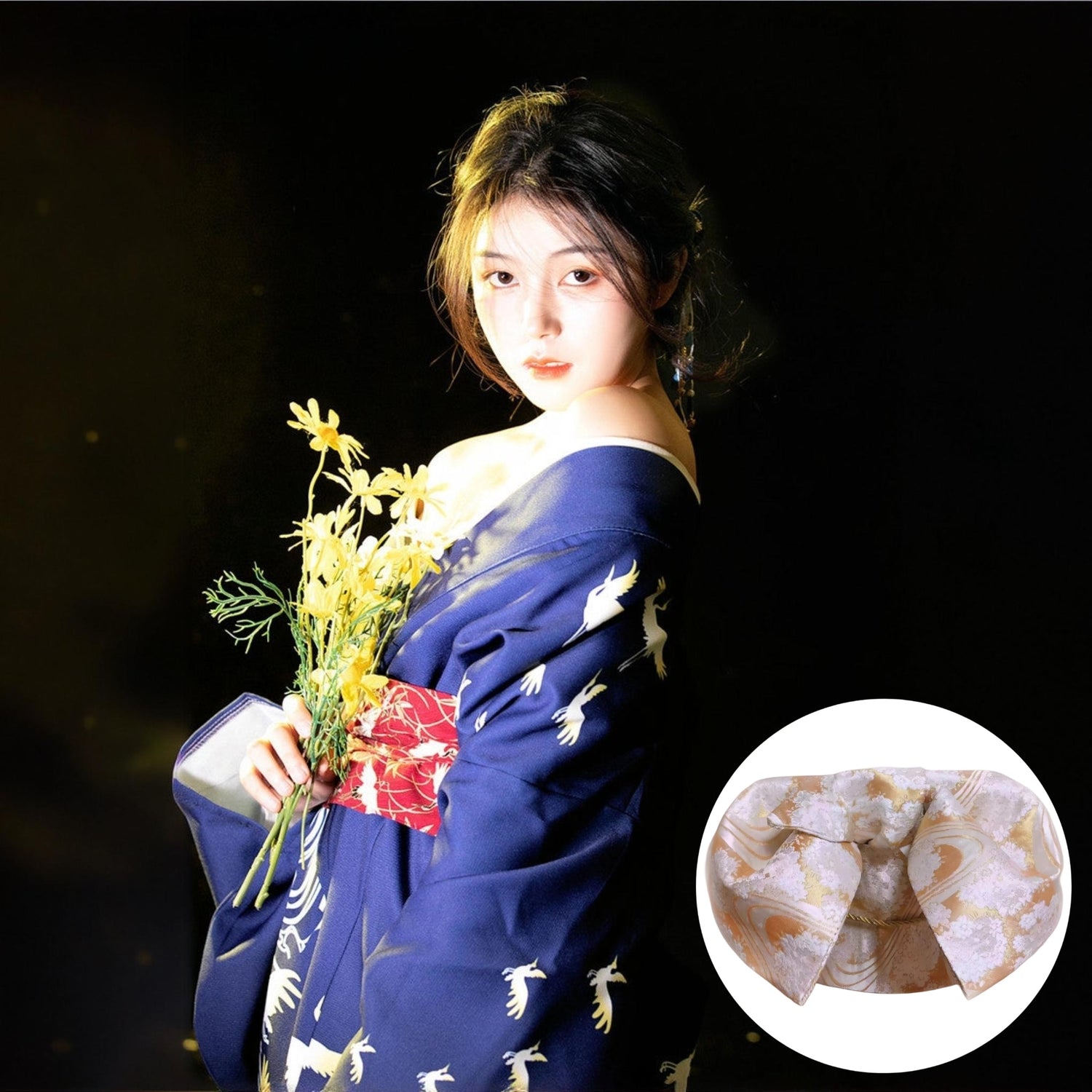 Women Crane & Wave Yukata and White Hydrangea Obi Belt Set
