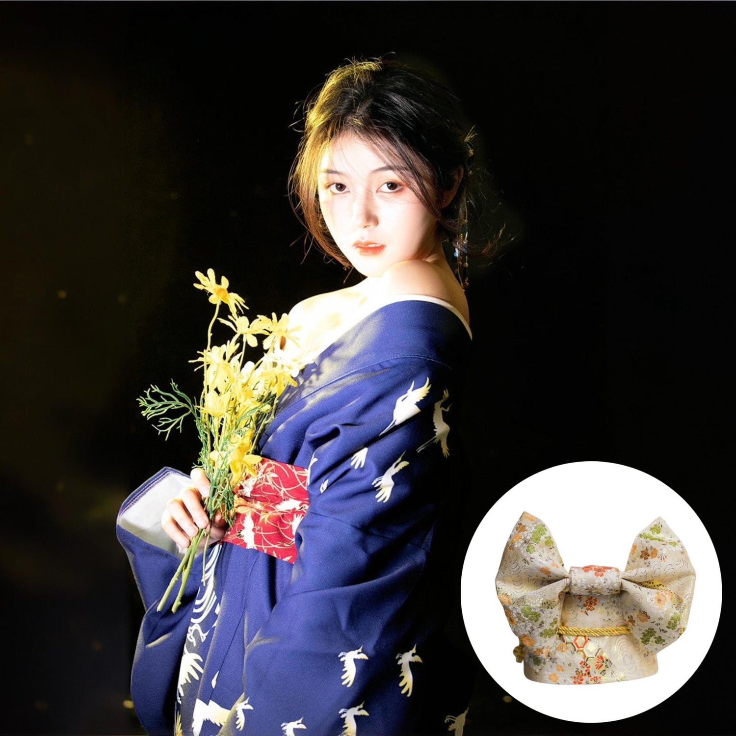 Women Crane & Wave Yukata and White Obi Belt Set