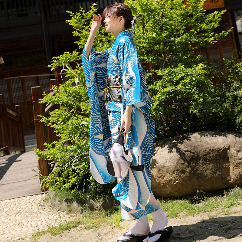 Women Seigaiha Wave Yukata and Obi Belt Set | Japanese Clothing