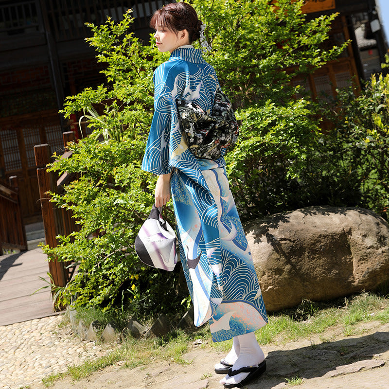 Women Seigaiha Wave Yukata and Obi Belt Set | Japanese Clothing