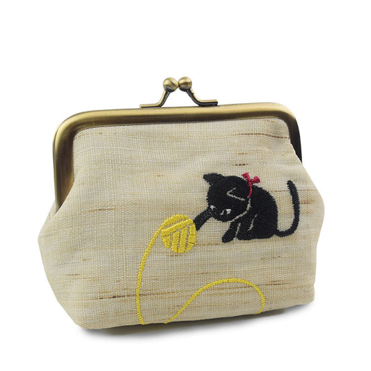 Embroidery Cat Linen Coin Purse