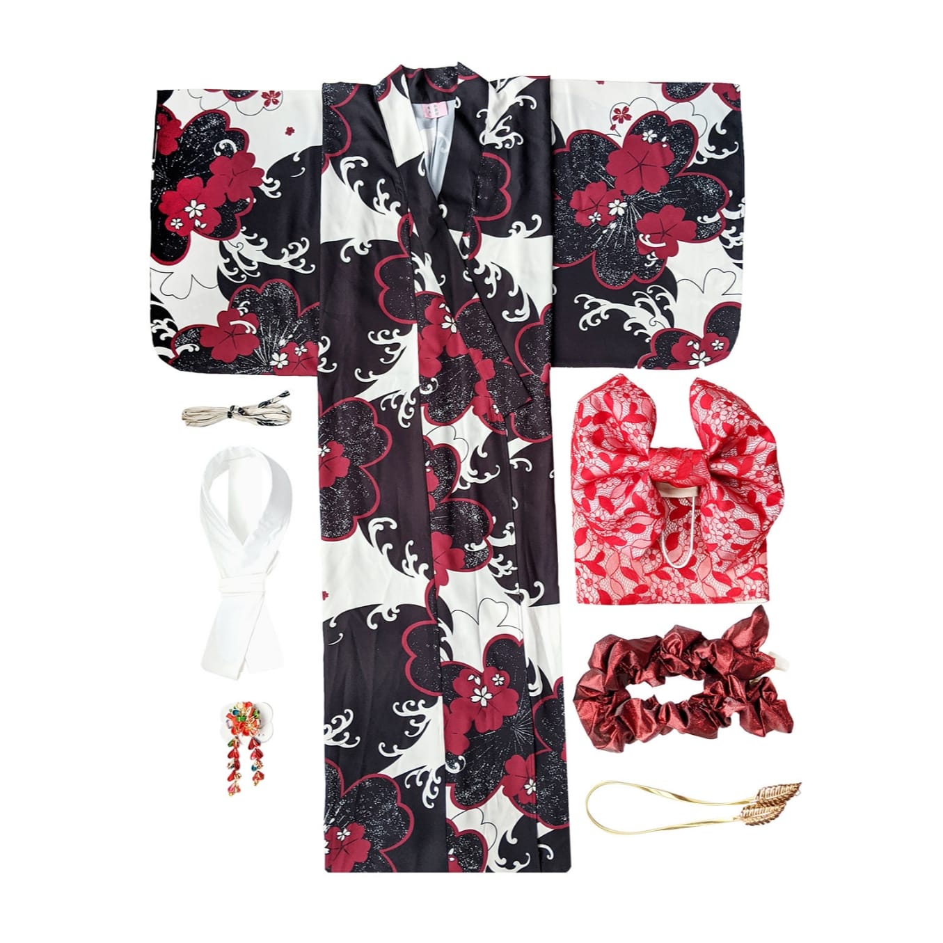 Women Crimson Sakura Wave Yukata and Obi Belt Set | Japanese