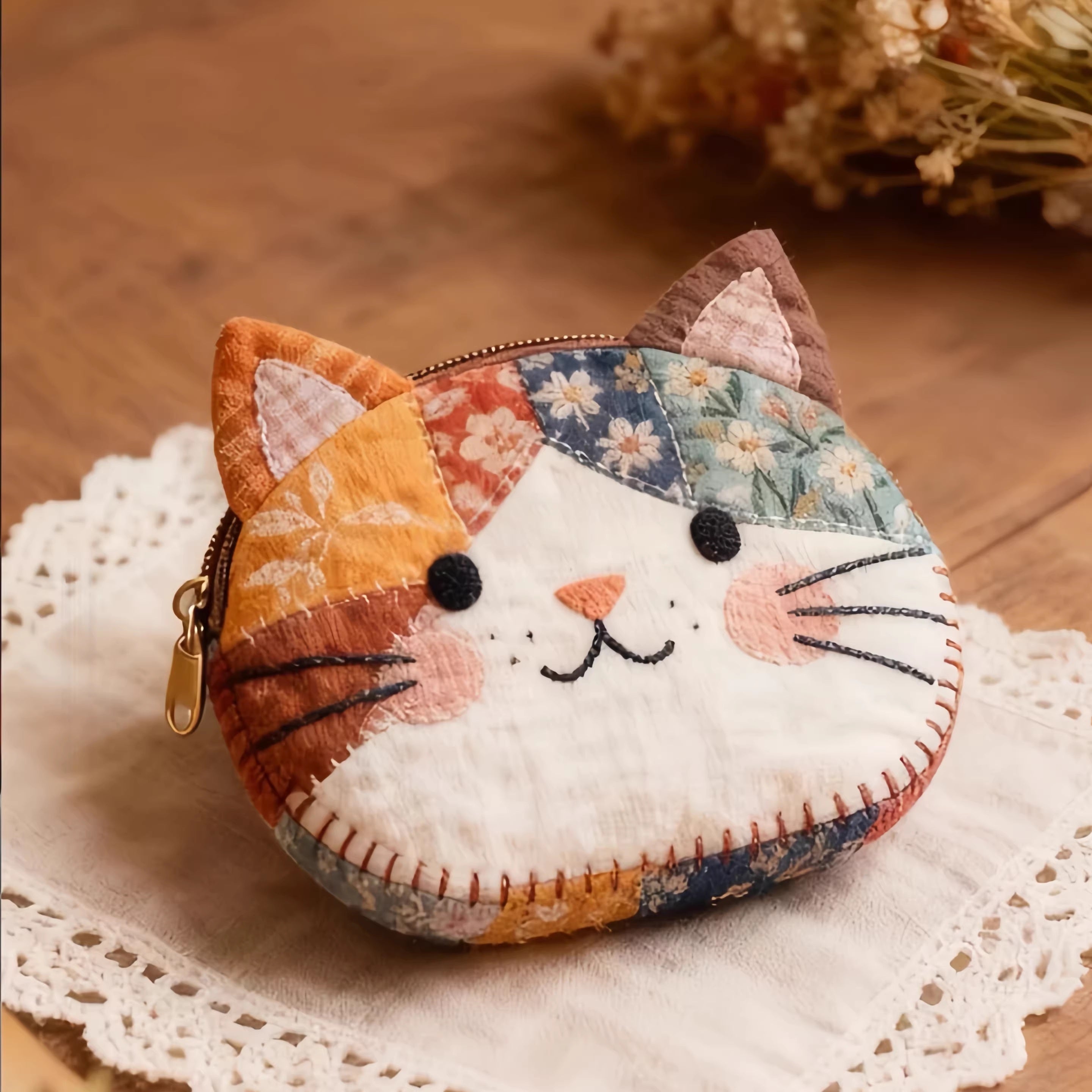 Cat-shaped coin purse with floral pattern on a lace surface