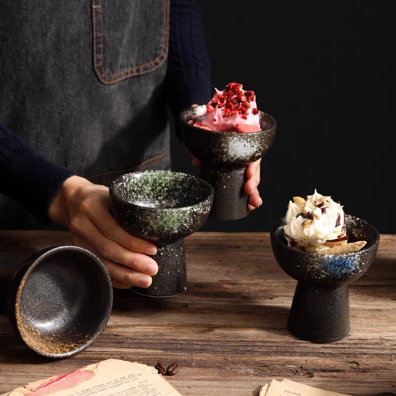 Traditional Japanese Ceramic High Footed Bowls 4 Piece Set