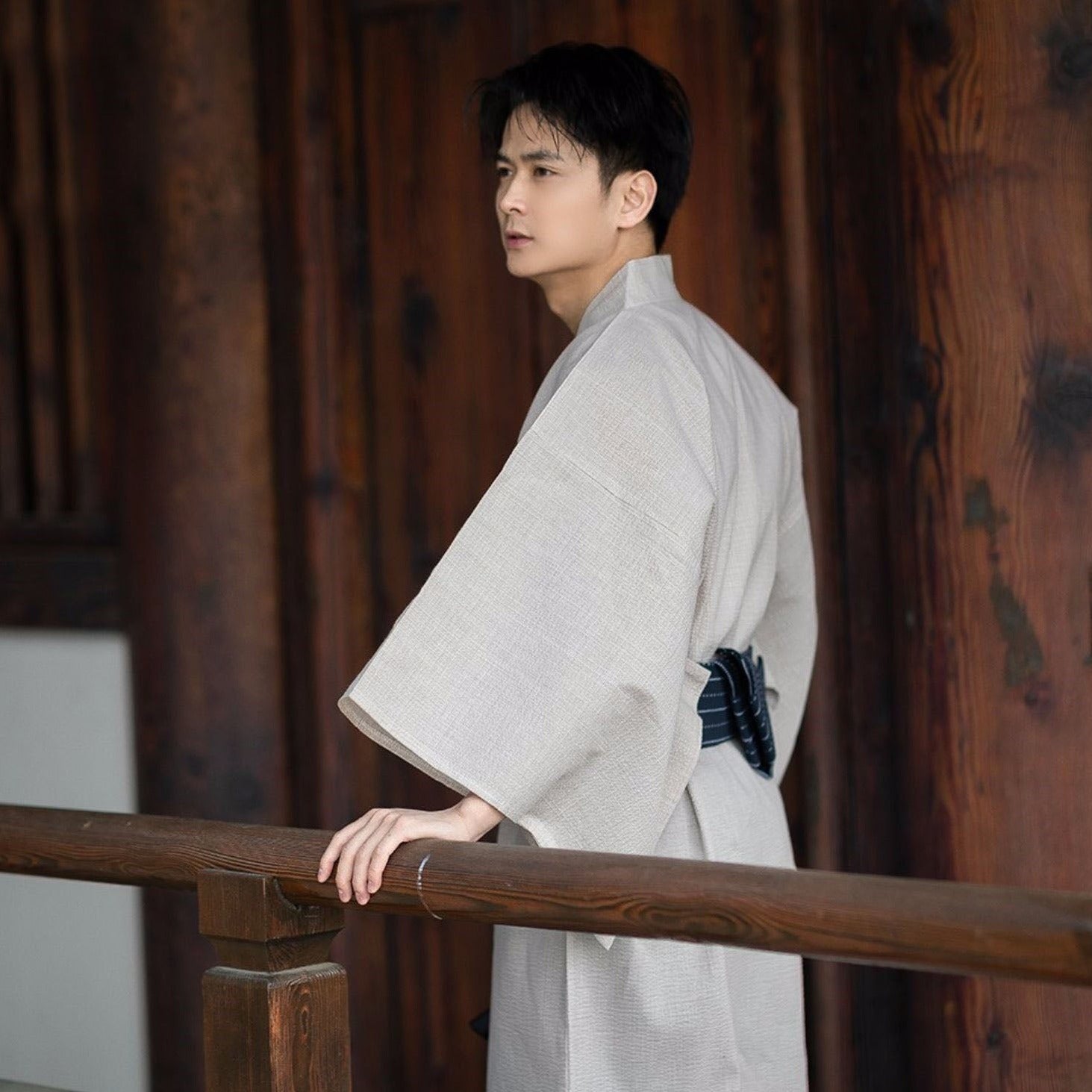 Men Beige Yukata and Obi Belt Set