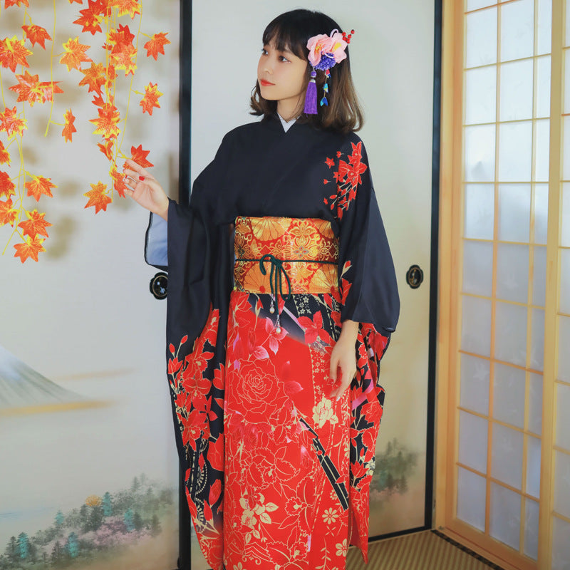 Women Scarlet Yukata and Obi Belt Set | Japanese Clothing  display picture 1