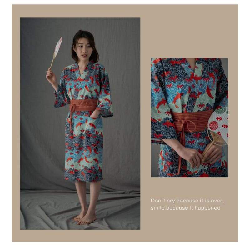 Women Seigaiha Koi Yukata and Obi Belt Set
