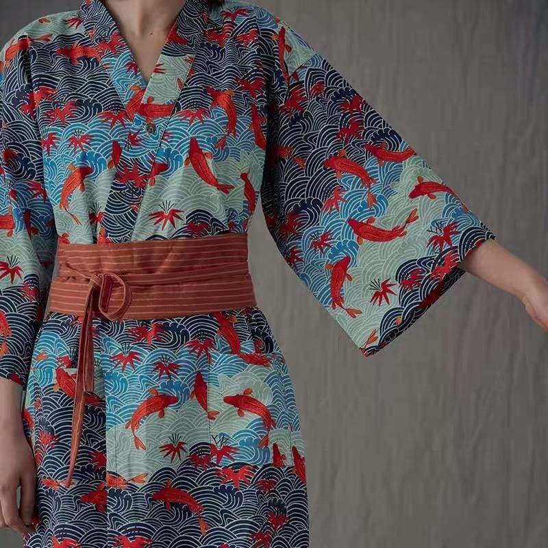 Women Seigaiha Koi Yukata and Obi Belt Set