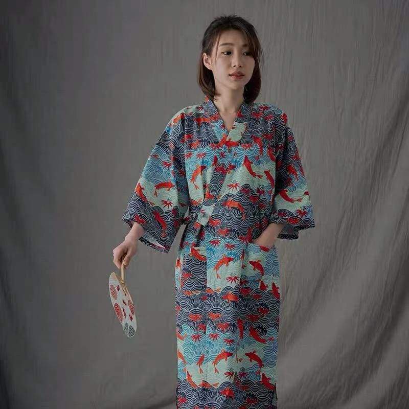 Women Seigaiha Koi Yukata and Obi Belt Set