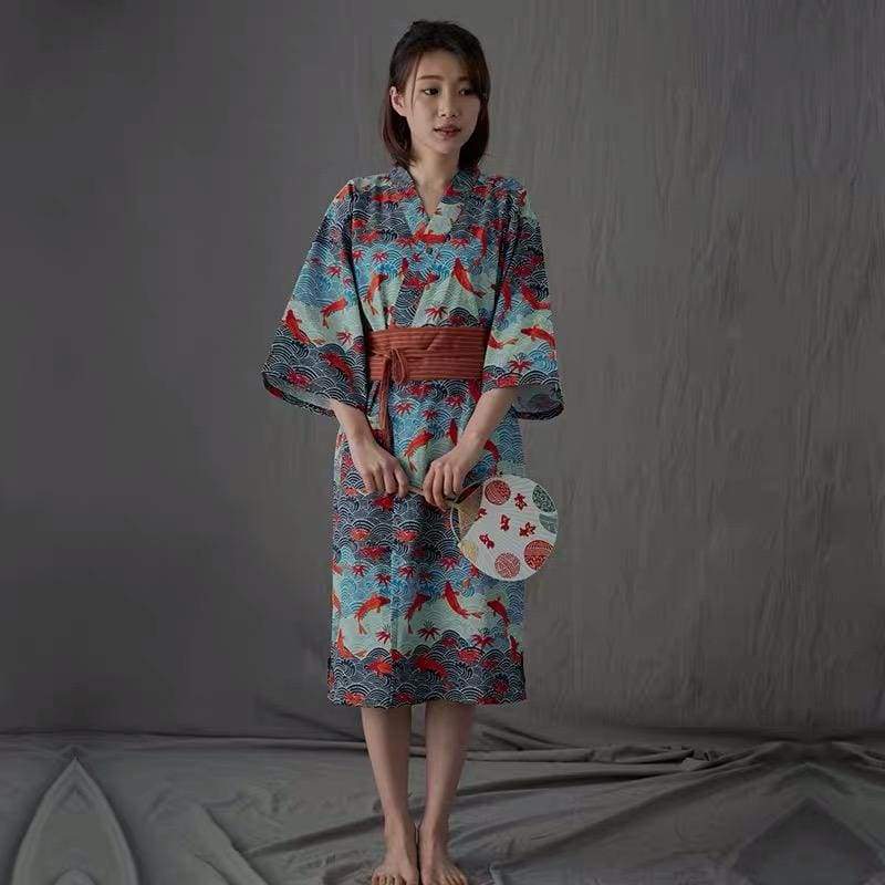 Women Seigaiha Koi Yukata and Obi Belt Set